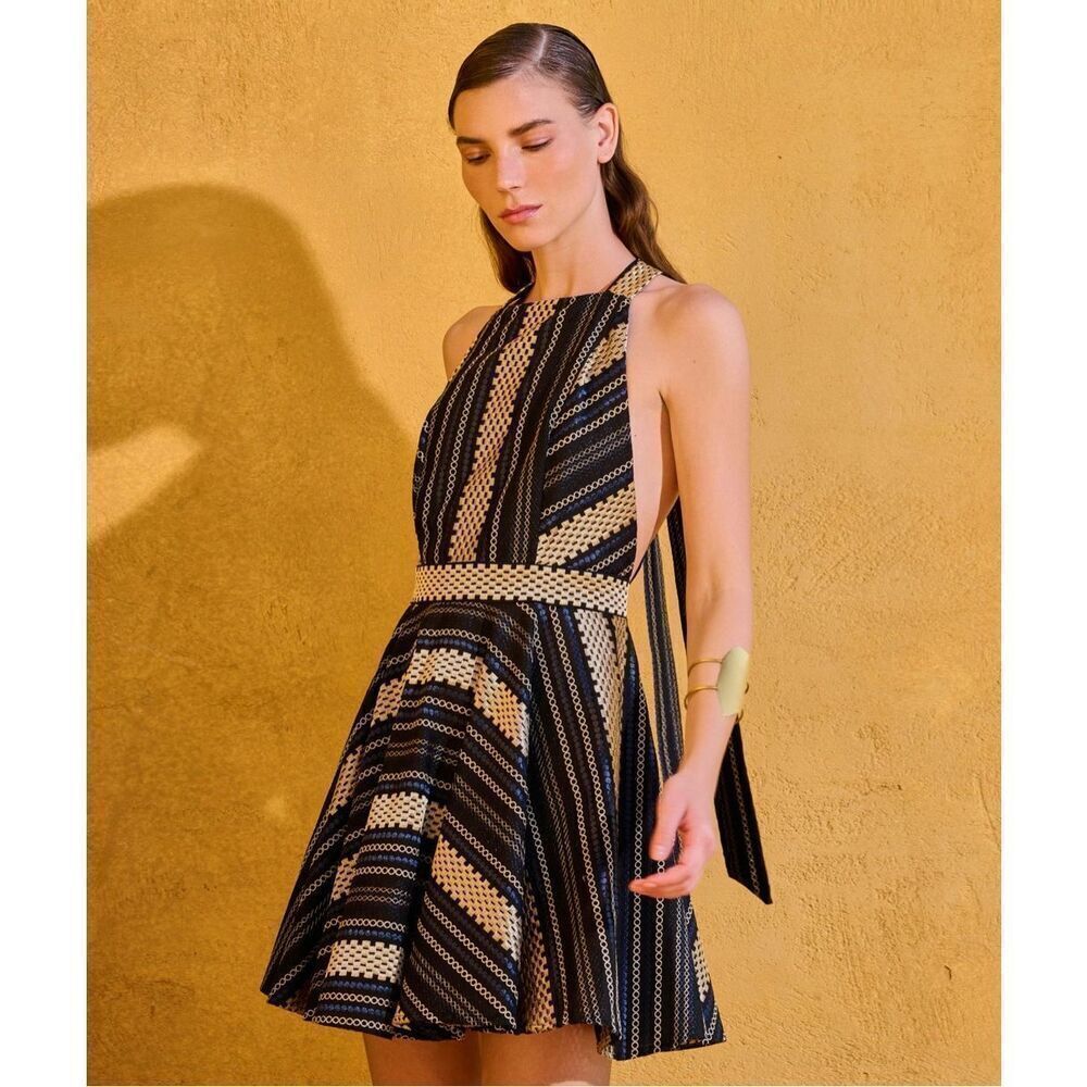 Lace The Label  Black gold jacquard sleeveless halter neck mini dress NWT$440